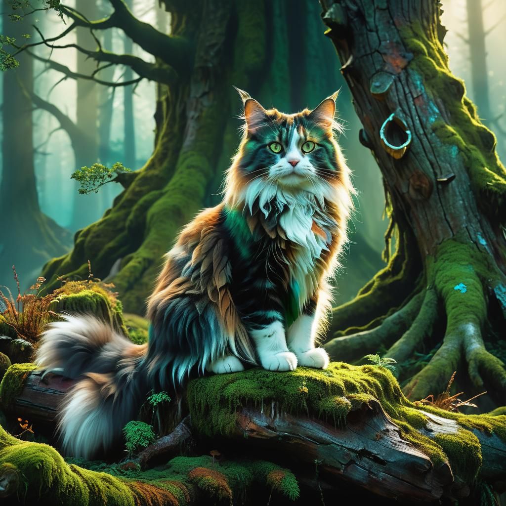 Majestic Norwegian Forest Cat in Misty Forest