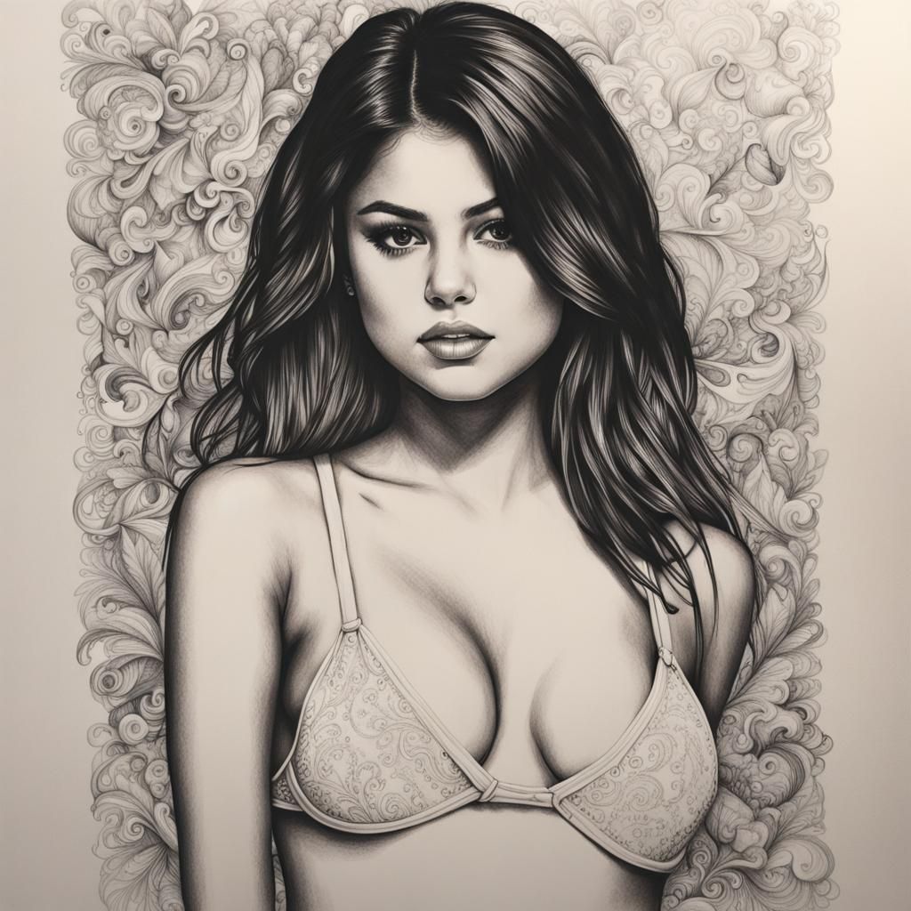 Selena Gomez in White Bikini: Hyperdetailed Ink Drawing