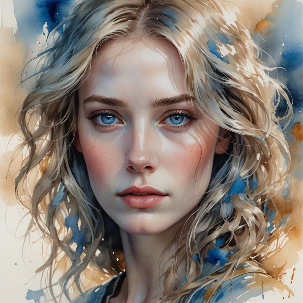 Scandinavian Woman's Face in Hyperrealistic Watercolor Style