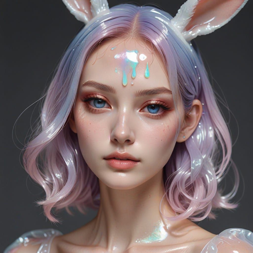 Dreamy Slime Girl with Bunny Ears in Iridescent Glow