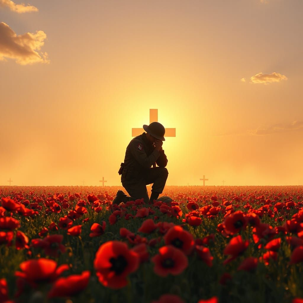 Lone Soldier in Poppy Field at Sunrise, Cinematic Realism
