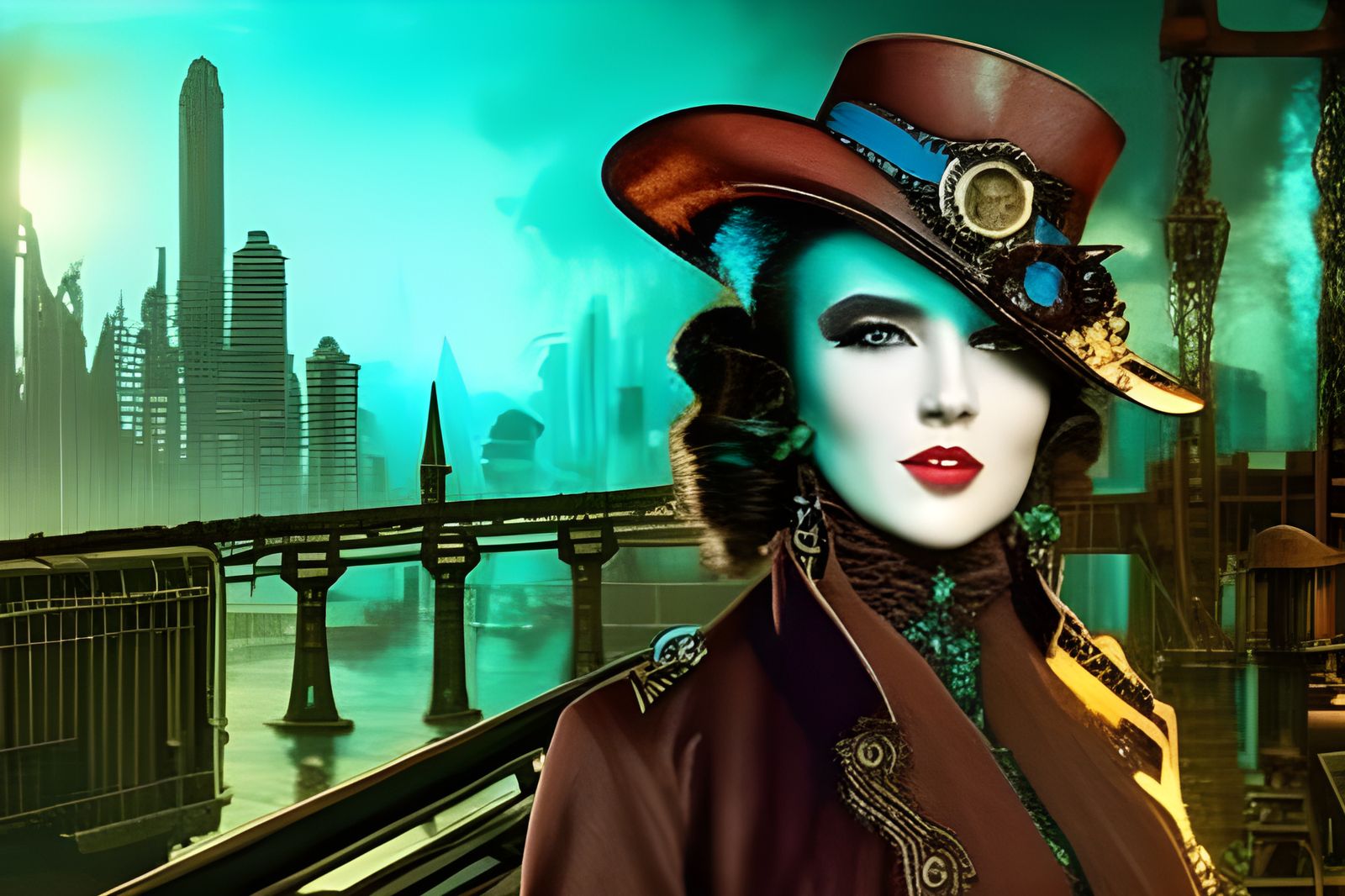 Steampunk Lady in Blue City: An Oil Painting