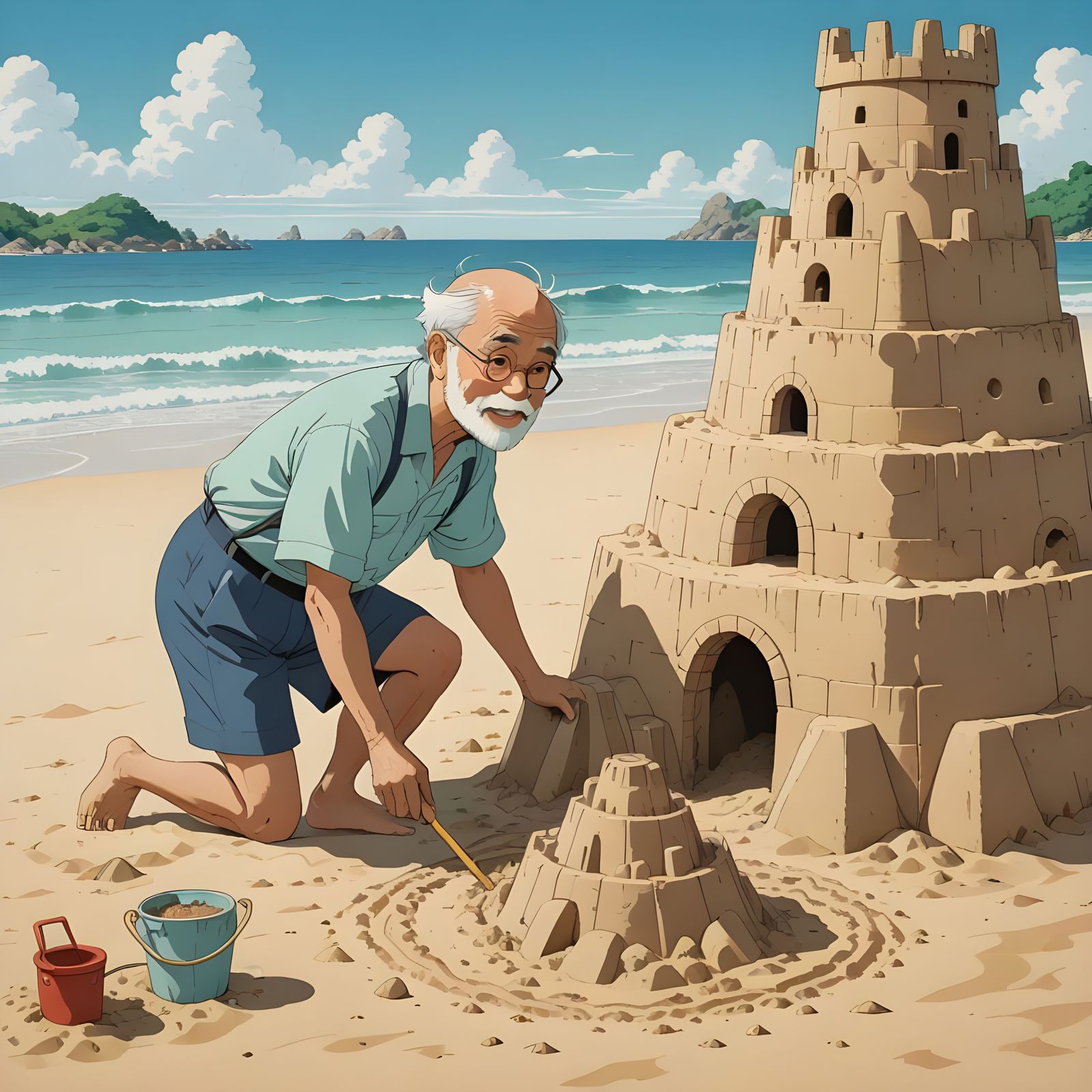 Joyful Beach Scene in Studio Ghibli Anime Style