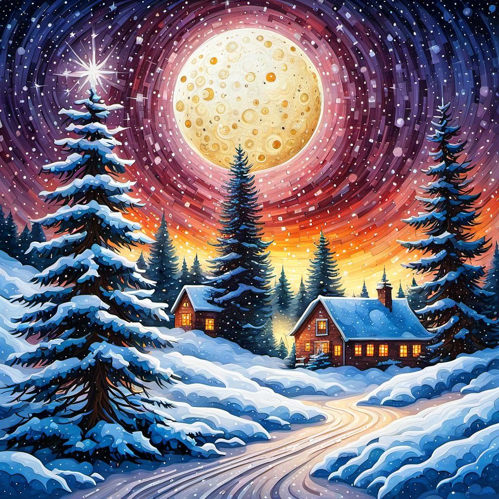 Winter Farmhouse Scene with Mosaic Starry Sky