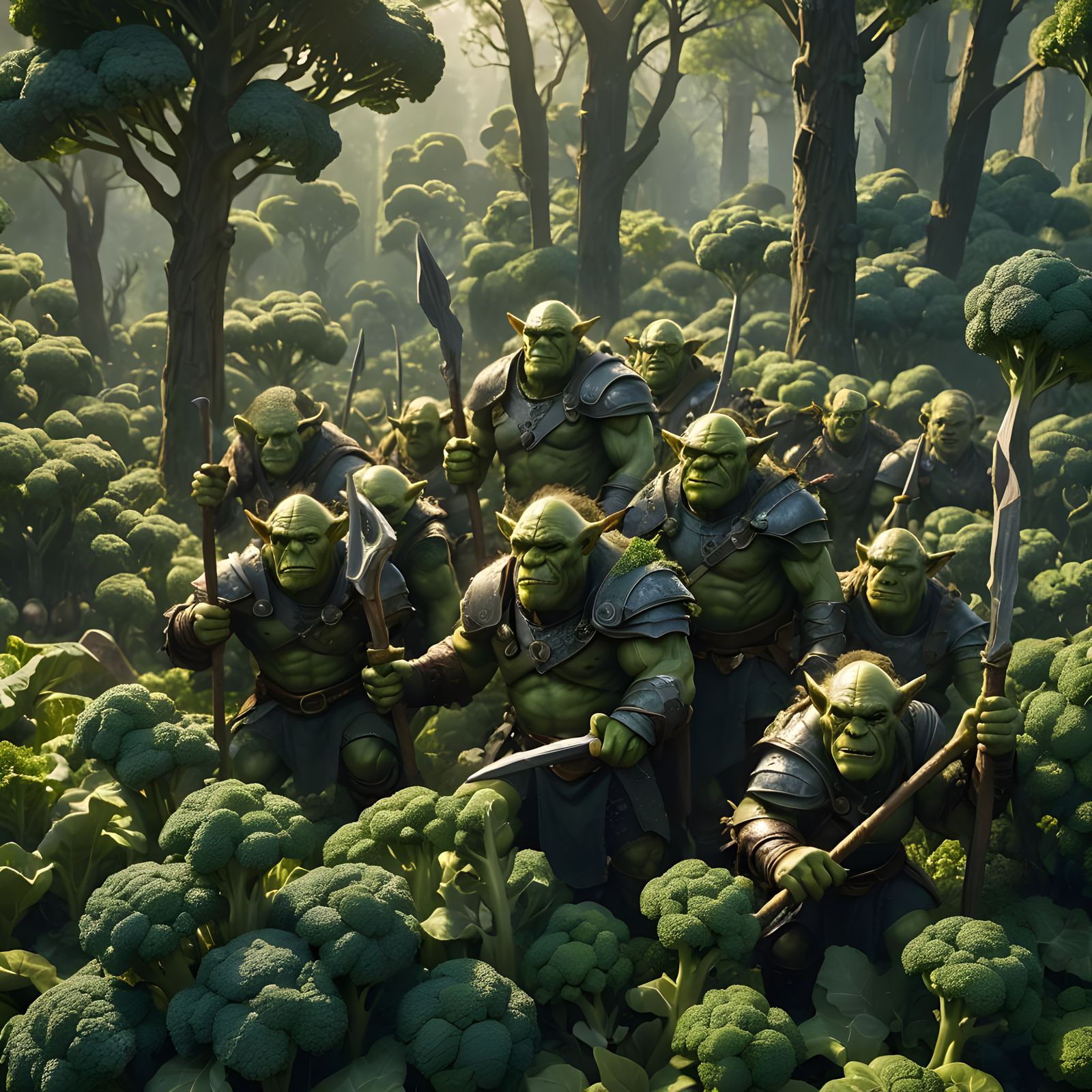Green Orcs Guarding Broccoli Forest: Fantasy Art