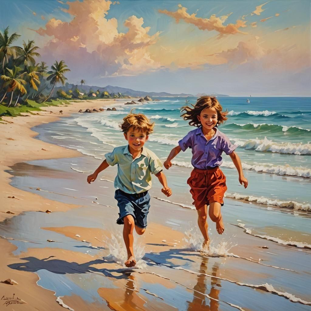 Children Running on Beach in Oil Painting Style