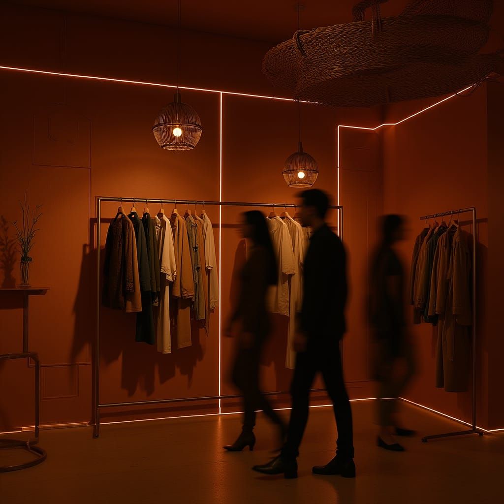 Futuristic Boho Store Interior with Terracotta Walls