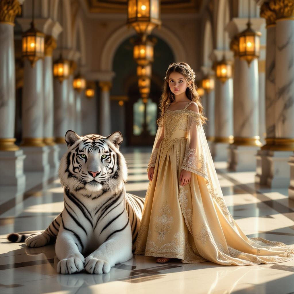Golden Gown Girl with White Tiger in Palace