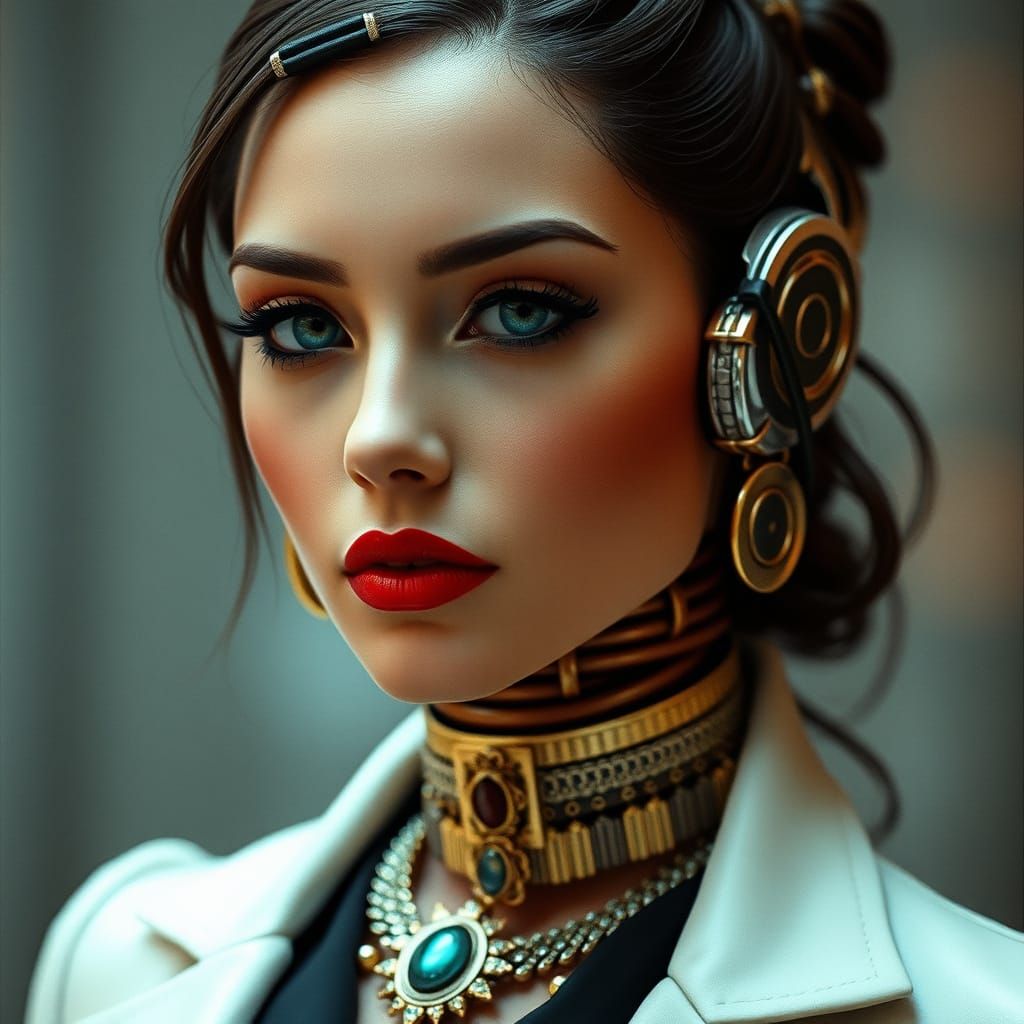 Elegant Blonde Robot with Gold Jewelry in Cyberpunk Style