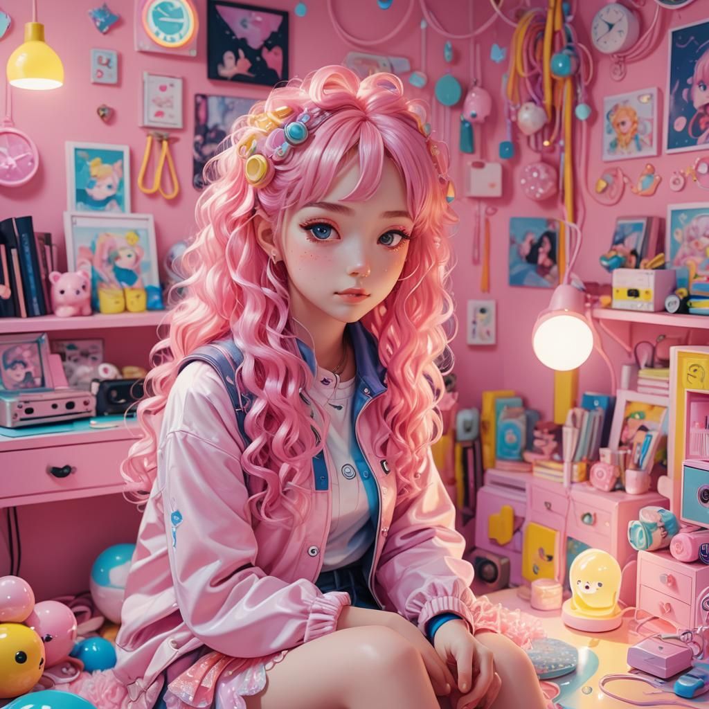 Kawaii Girl in Pastel Anime Illustration with Neon Glow