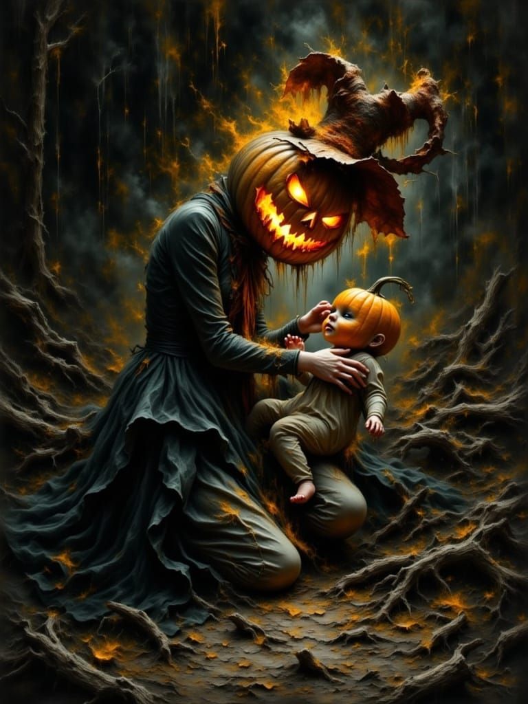 Eerie Forest Scene with Pumpkin-Headed Figures