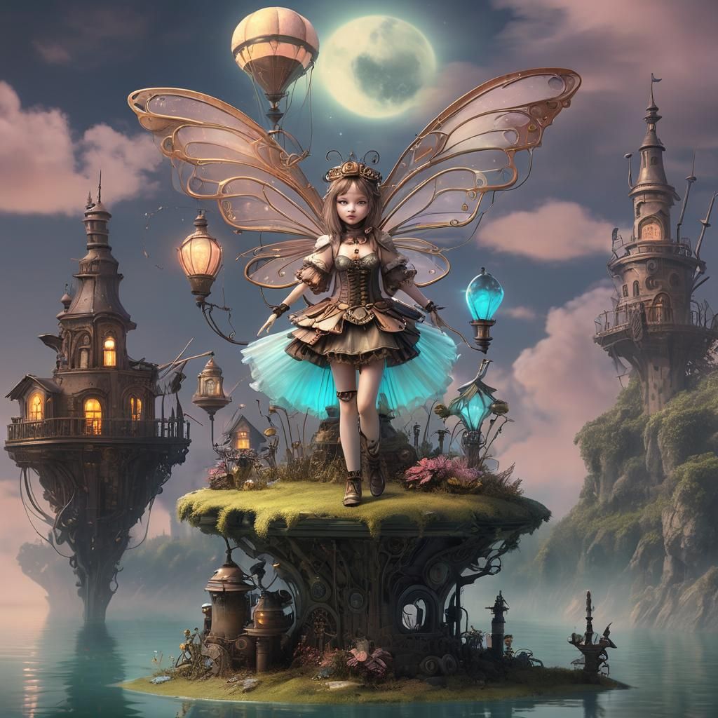 A cute steampunk fairy with glowing neon wings in a whimsica...