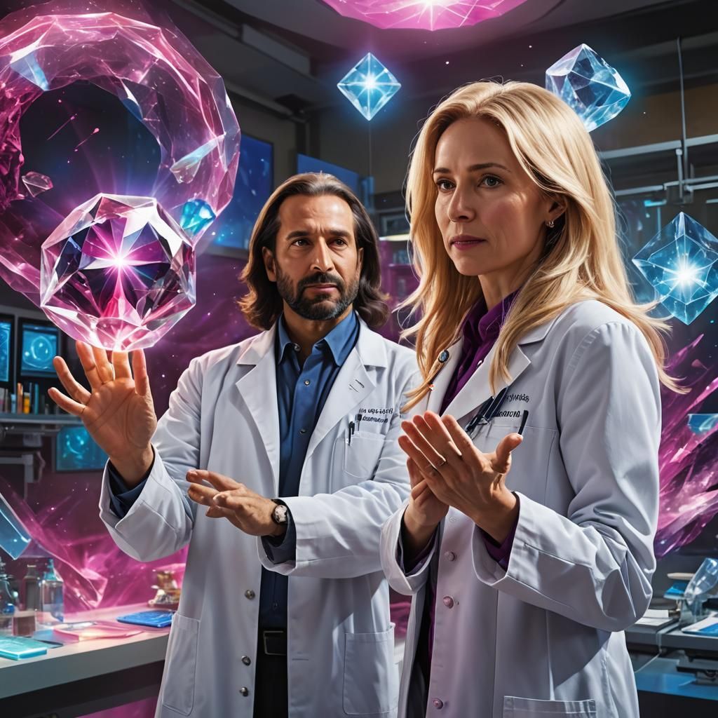 Levitating Crystal Held by Scientist: Hyperrealistic Concept...