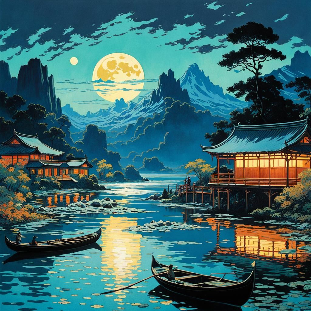 Majestic Nighttime Landscape in Vibrant Colors and Dreamlike...