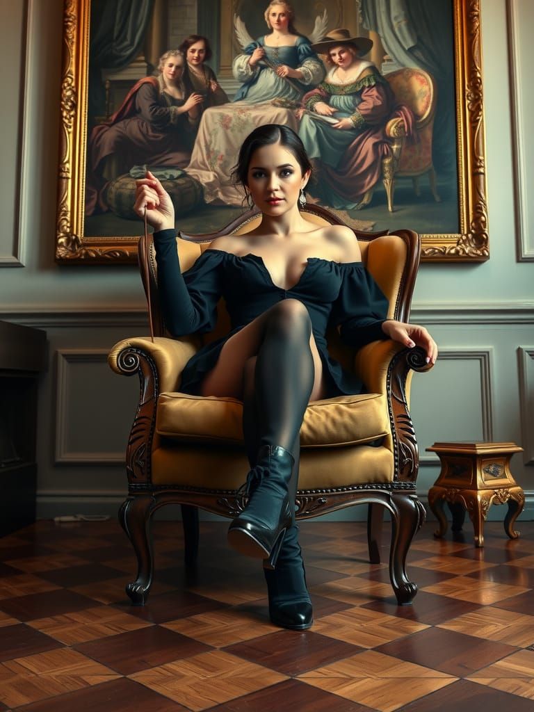 Baroque Masterpiece: Woman in Boots in Armchair