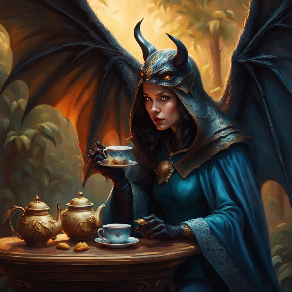 Bat-Winged Lady Drinking Tea: Hyperrealistic Splash Art
