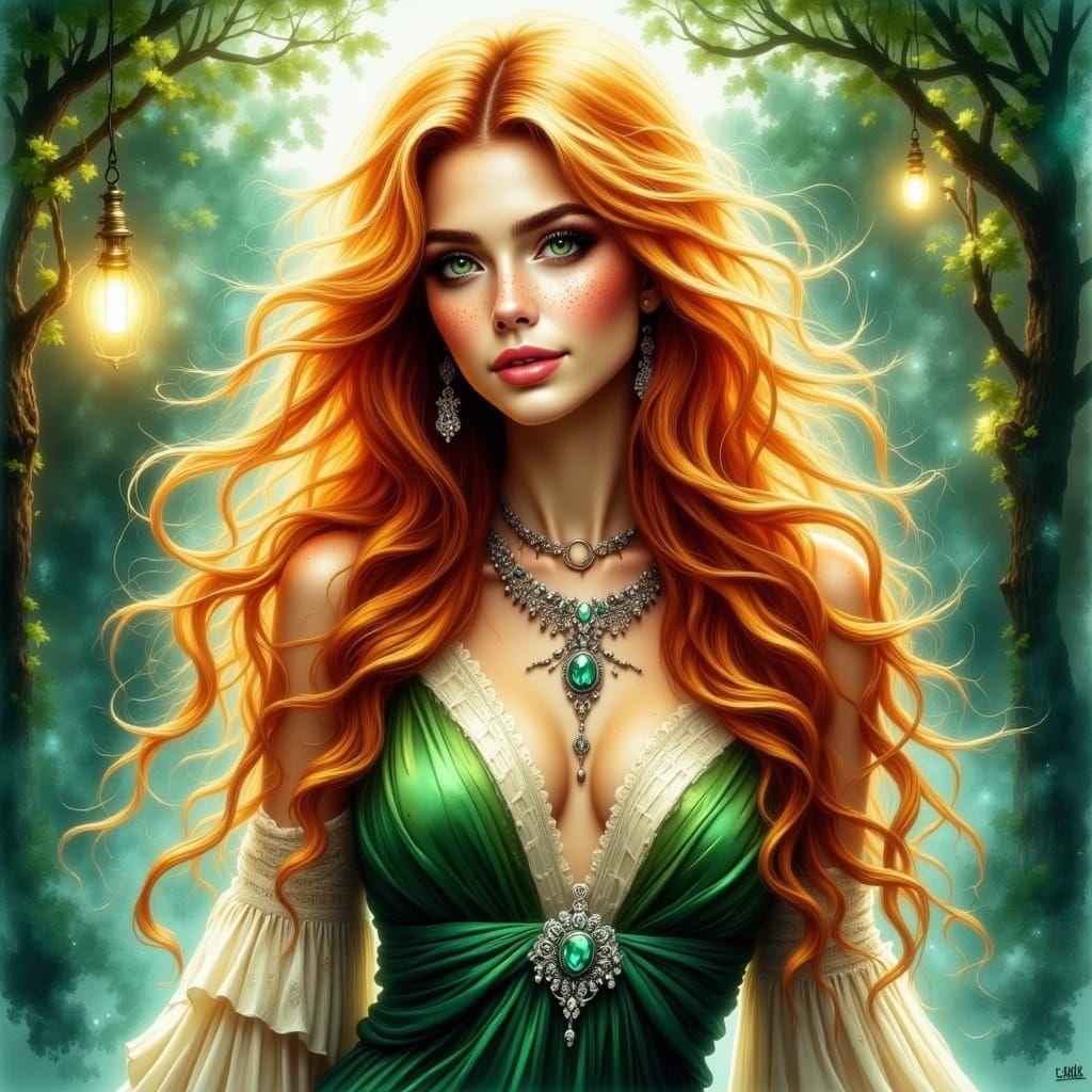 Woman with Red Hair in Watercolor Fantasy Illustration