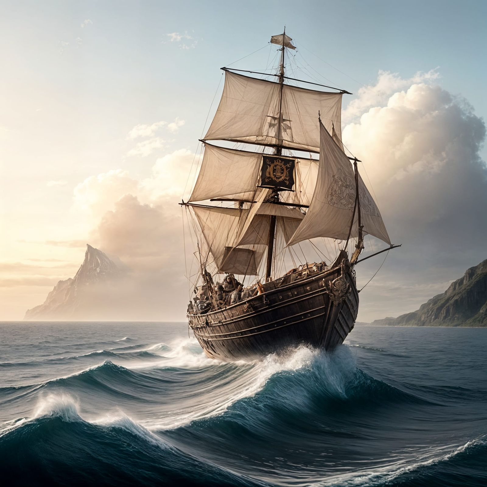 Viking Ship Sails Calm Waters in a Serene Seascape