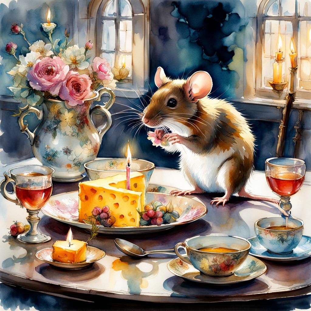 Mouse Sets Tea Table in Fantasy Watercolor Art