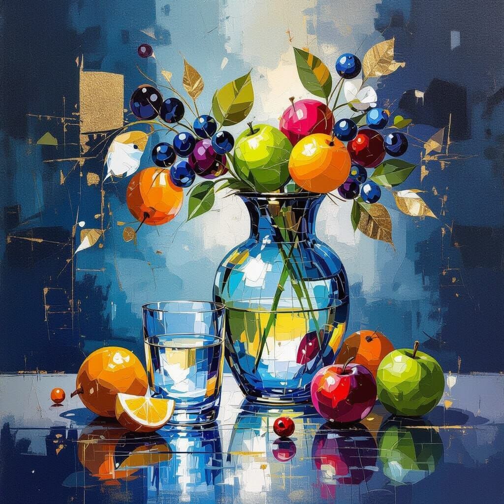 Luminous Abstract Still Life Painting with Fruits and Vase