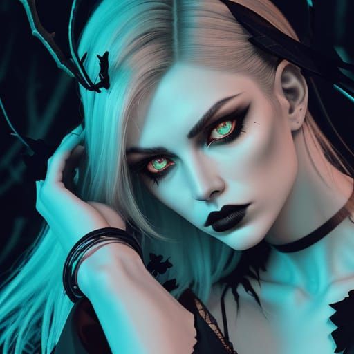 Gothic Model in Eerie Landscape with Neon Glow