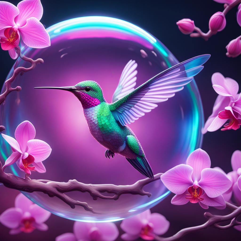 Holographic Hummingbird on Pink Phalaenopsis Branch