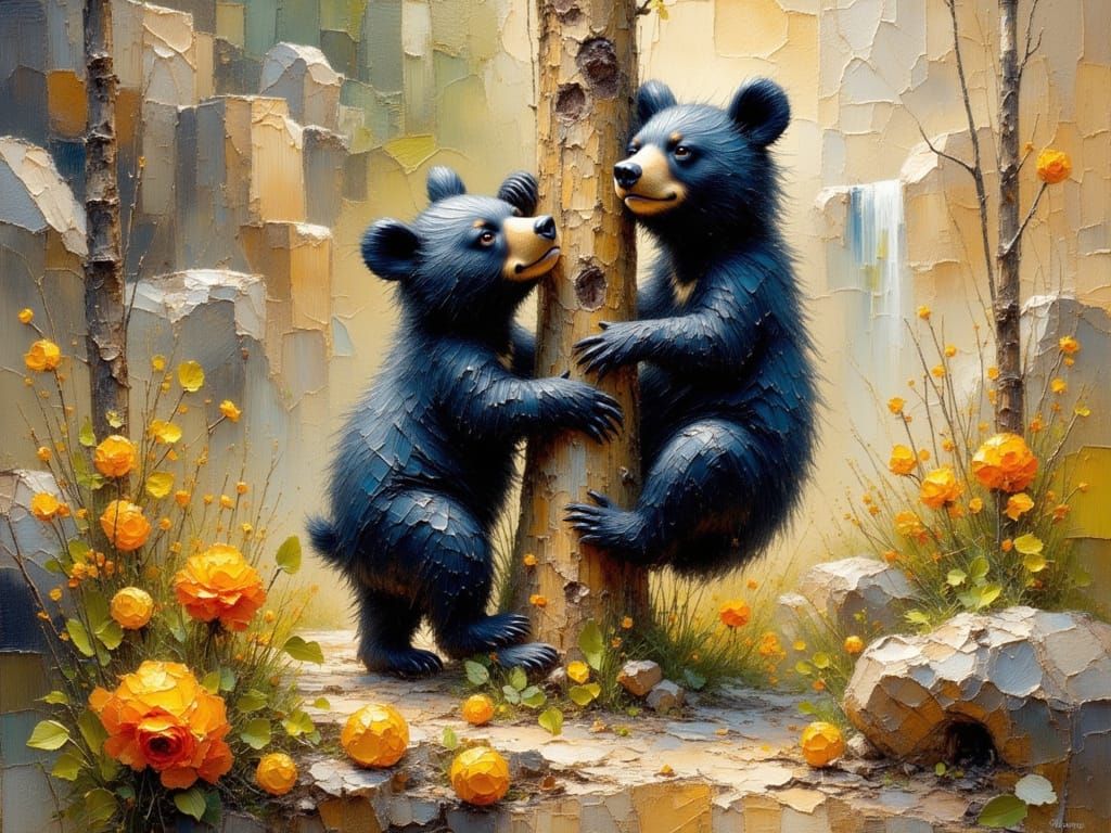 Bear Cubs Climb Tree in Impasto Painting Style