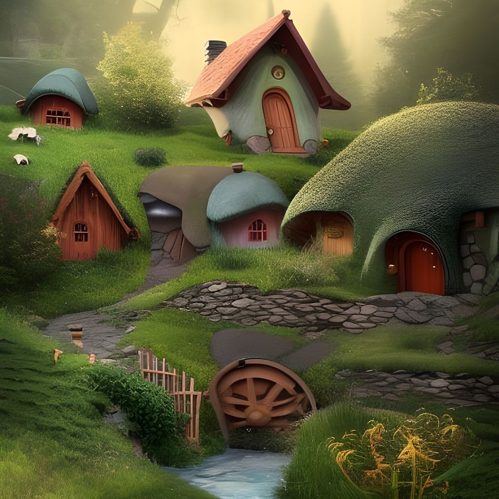 Quaint Hobbit Village in Rainy Forest, Cozy Fantasy Art