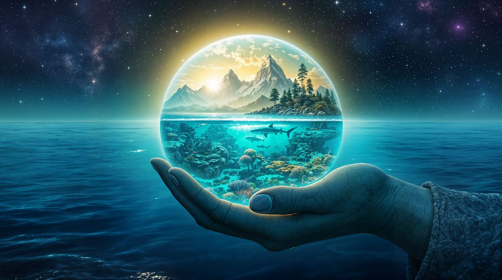 Ethereal Landscape with Ancient Stone Hand and Glowing Ecosy...