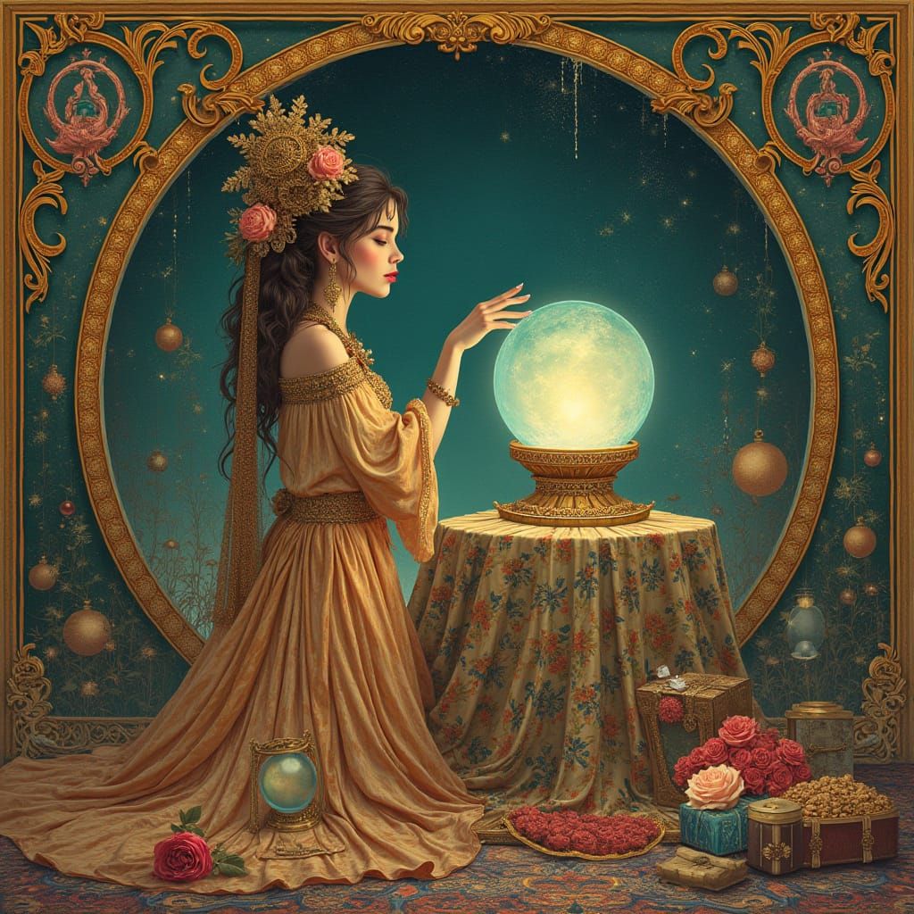 Woman Gazing into Crystal Ball in Art Nouveau Style