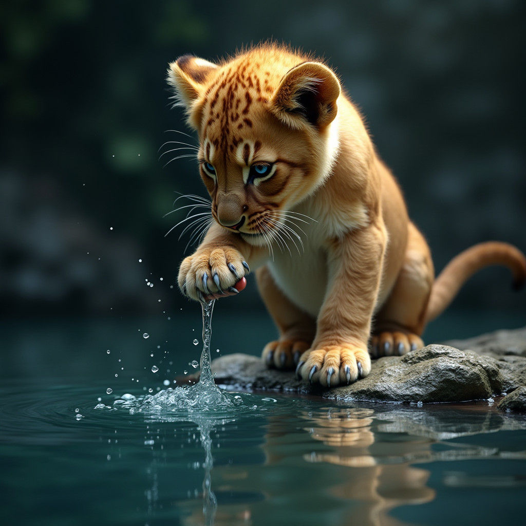 Lion Cub and Water: Photorealistic Digital Art