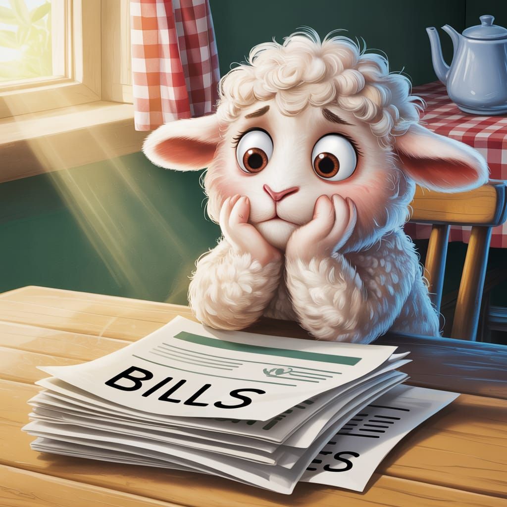Anxious Lamb Overwhelmed by Bills: Cartoon Illustration