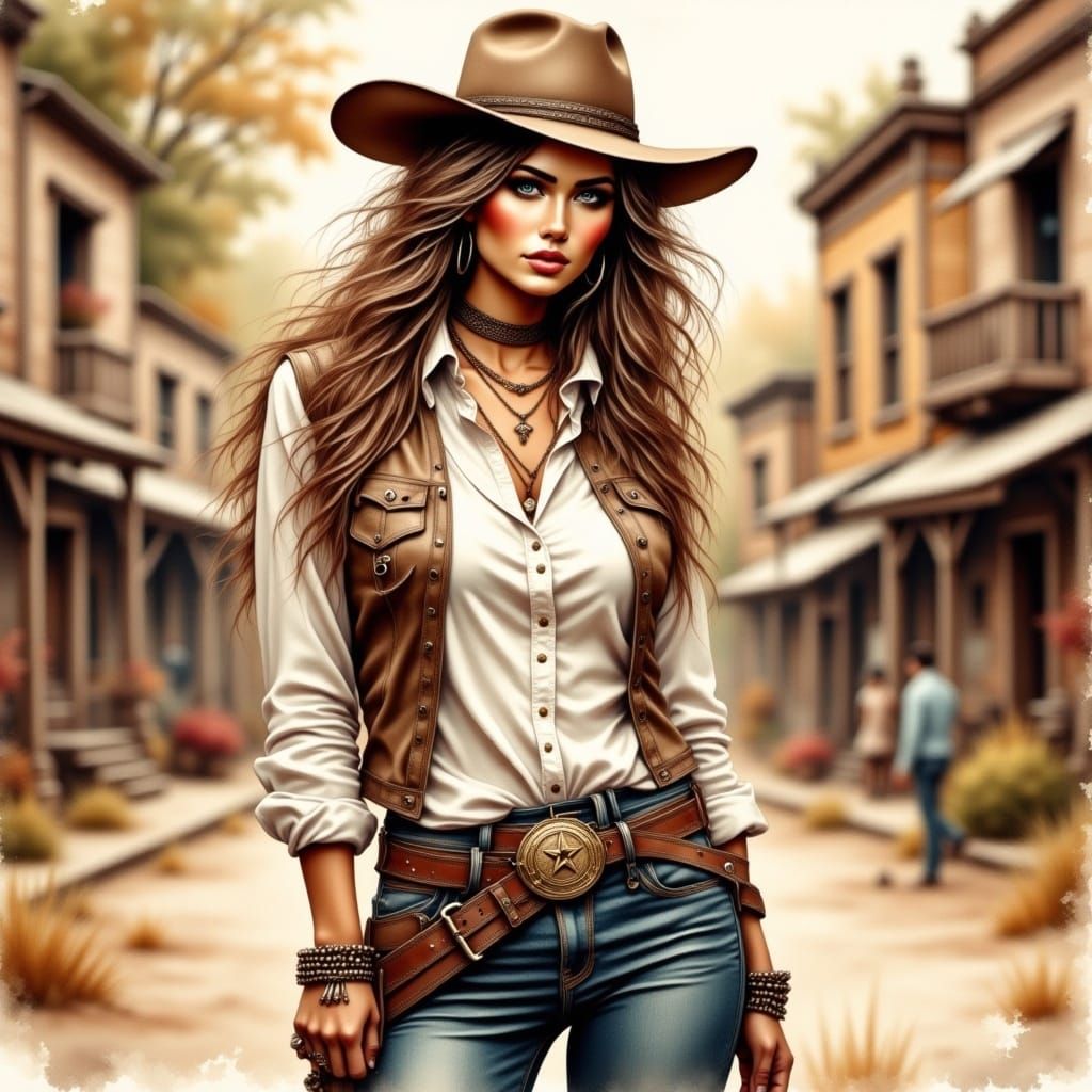 Beautiful Lady Sheriff in Antique Watercolor Style