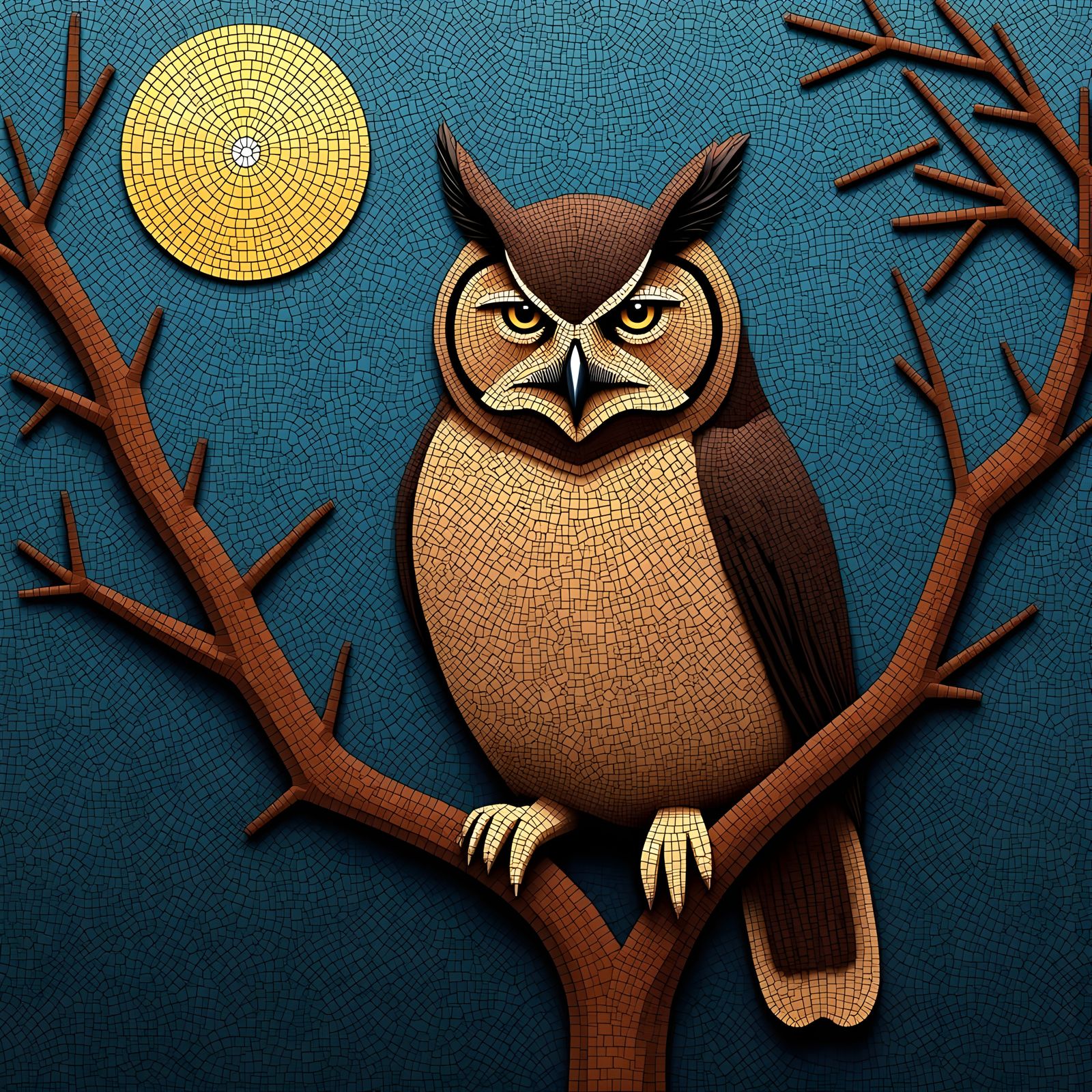 Owl in Tree Mosaic Under Moonlight
