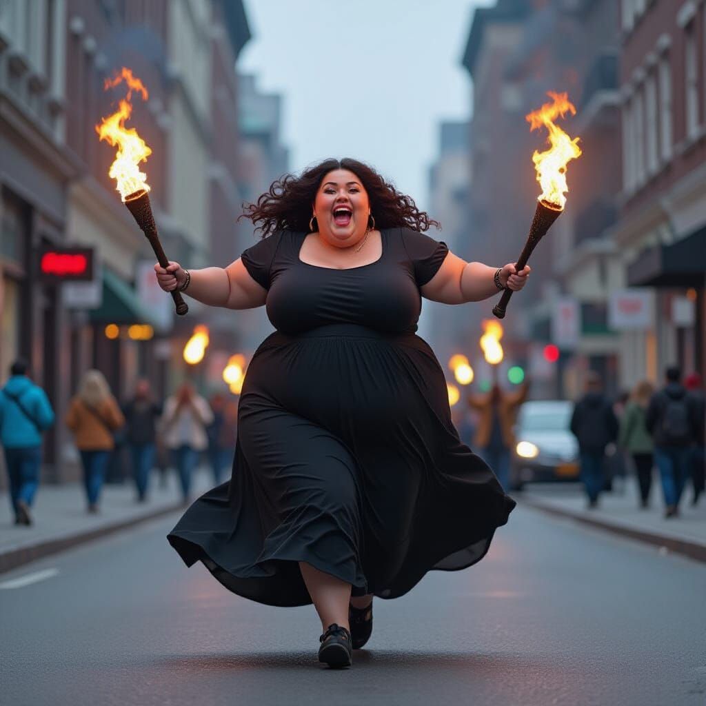 Joyful Woman Runs with Torches in Vibrant Cityscape