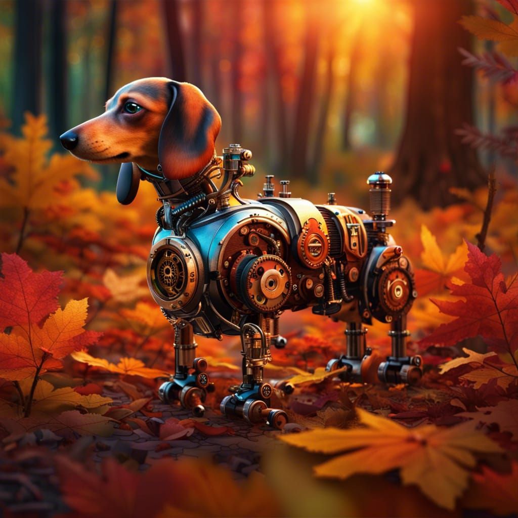 Steampunk Robot Dachshund in Autumn Woods