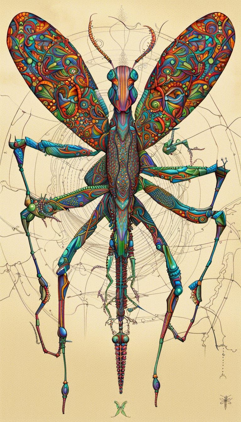 Intricate Praying Mantis with Quantum Zentangle Design