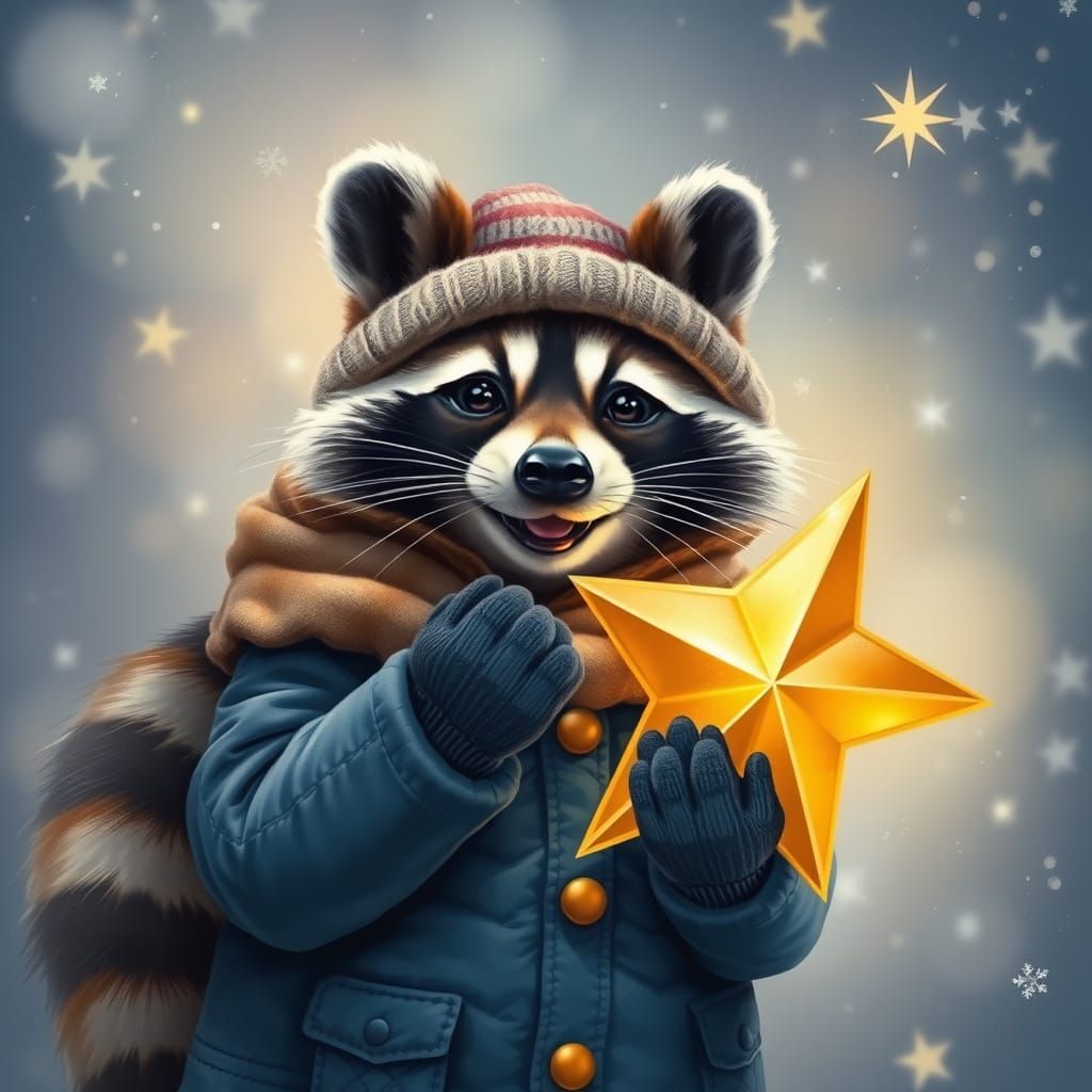 a hyper realistic charming whimsical realistic image of a raccoon dressed in a cozy blue winter outfit, complete with a ...