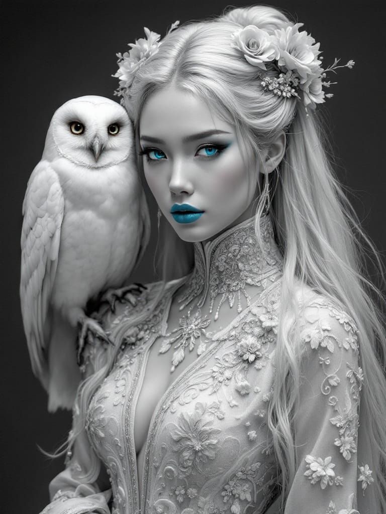 Monochrome Fantasy Portrait: Cyan Kiss, Silver Hair, Watchfu...