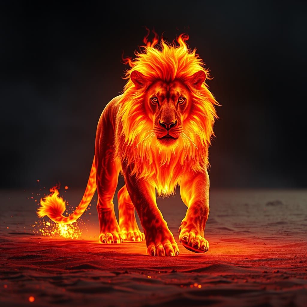 Fiery Lion Walking on Scorched Beach in Animation