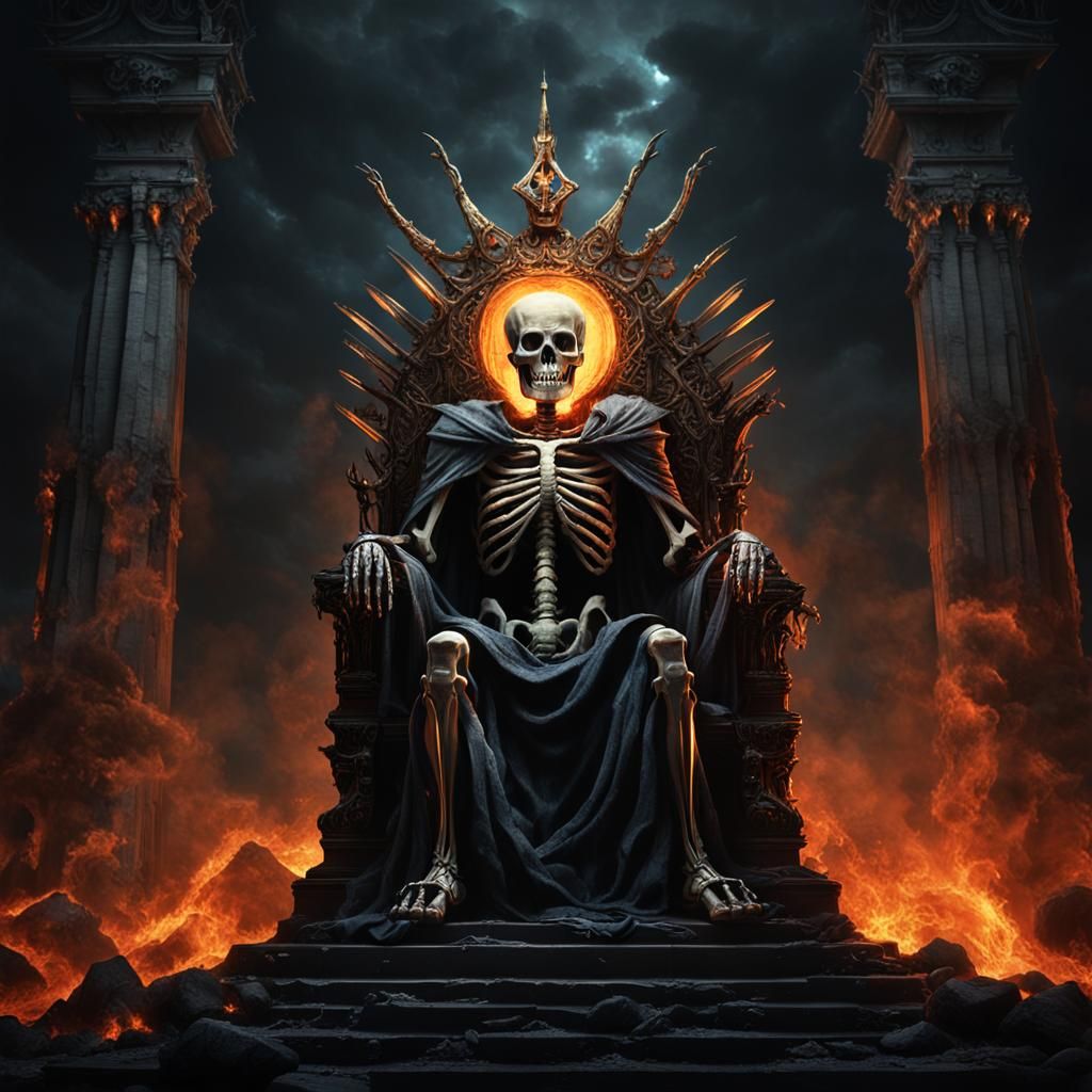 Macabre Skeleton King Enthroned in Hell