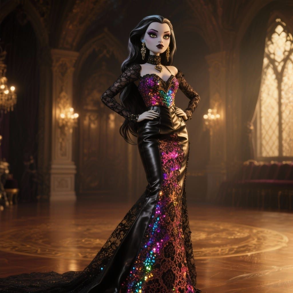 Gothic Chic Woman in Glittering Gown in Dim Ballroom