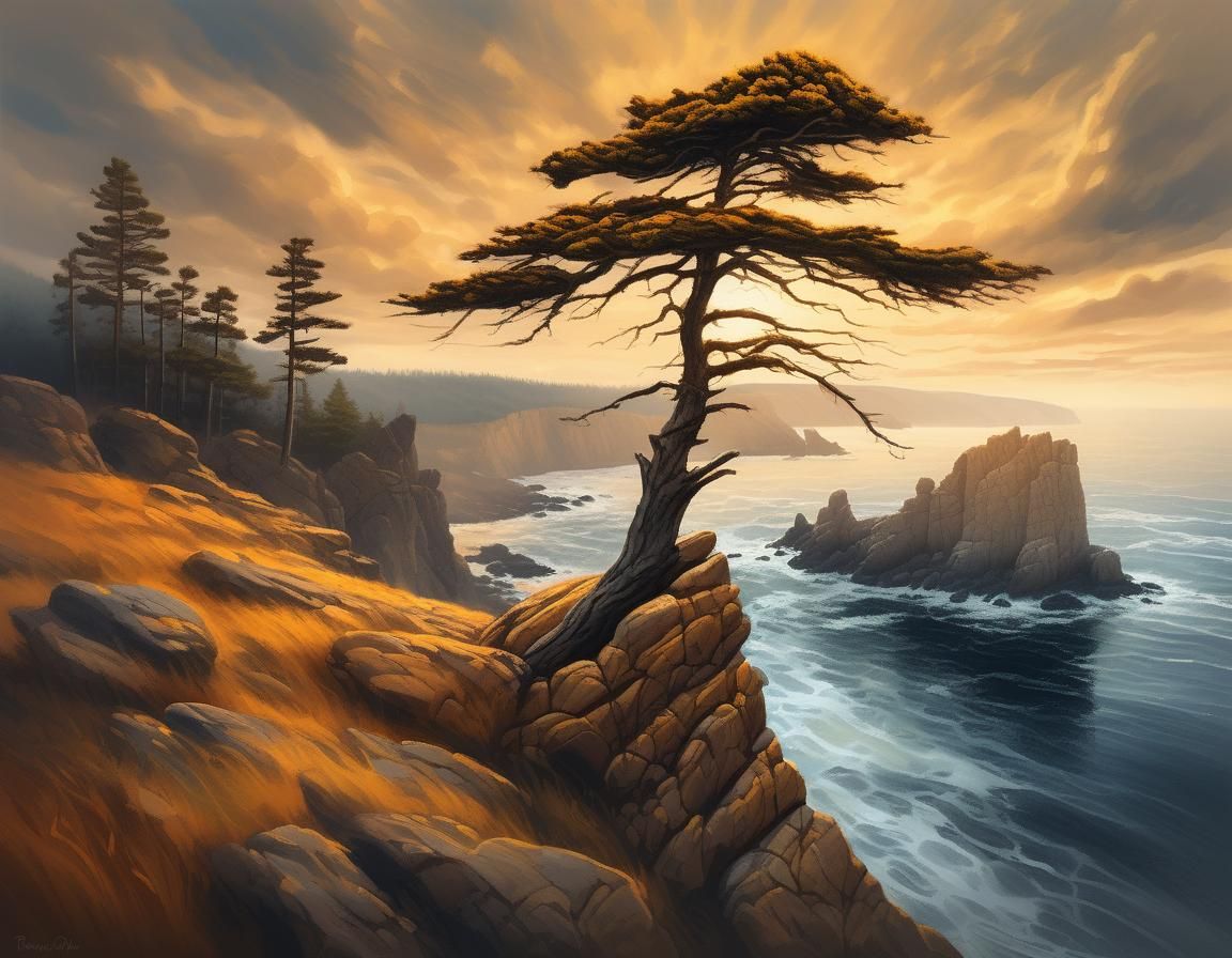 Coastal Pine in Dramatic Matte Painting Style