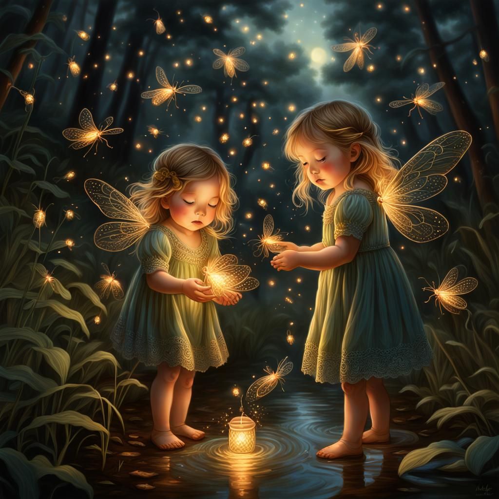 Ethereal Toddlers Catching Fireflies in Soft Light