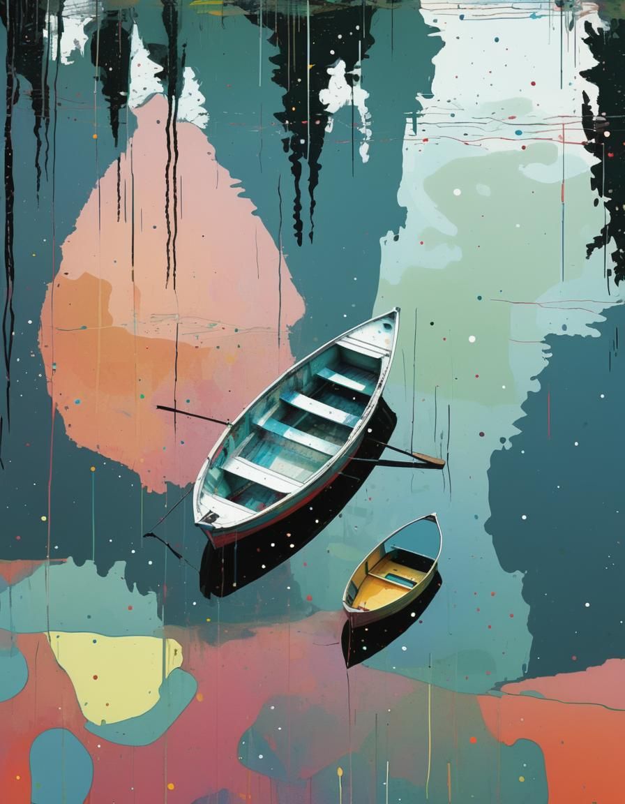 Abstract Digital Art of a Boat on a Serene Lake