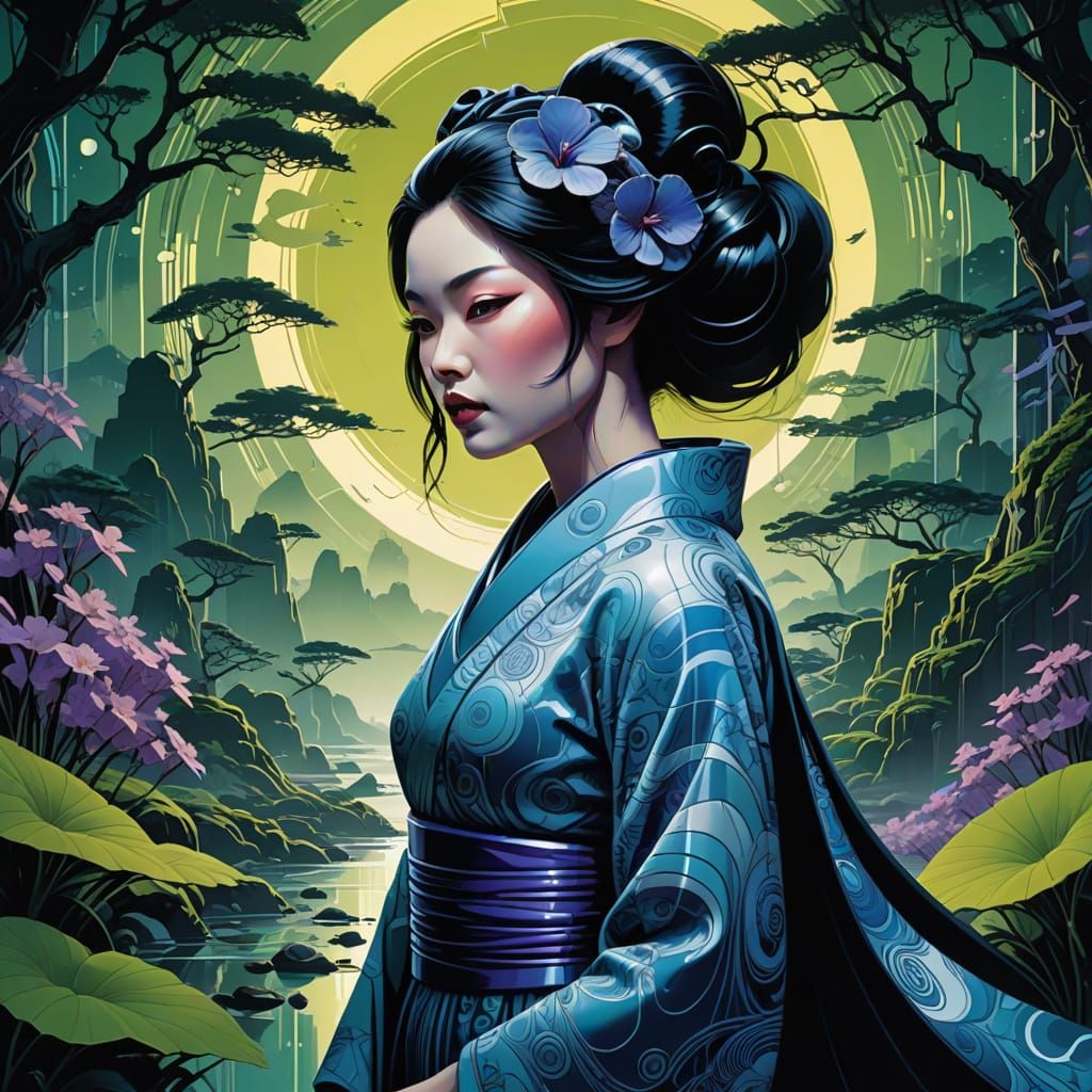 Ethereal Geisha in Dreamlike Japanese Landscape with Fractal...