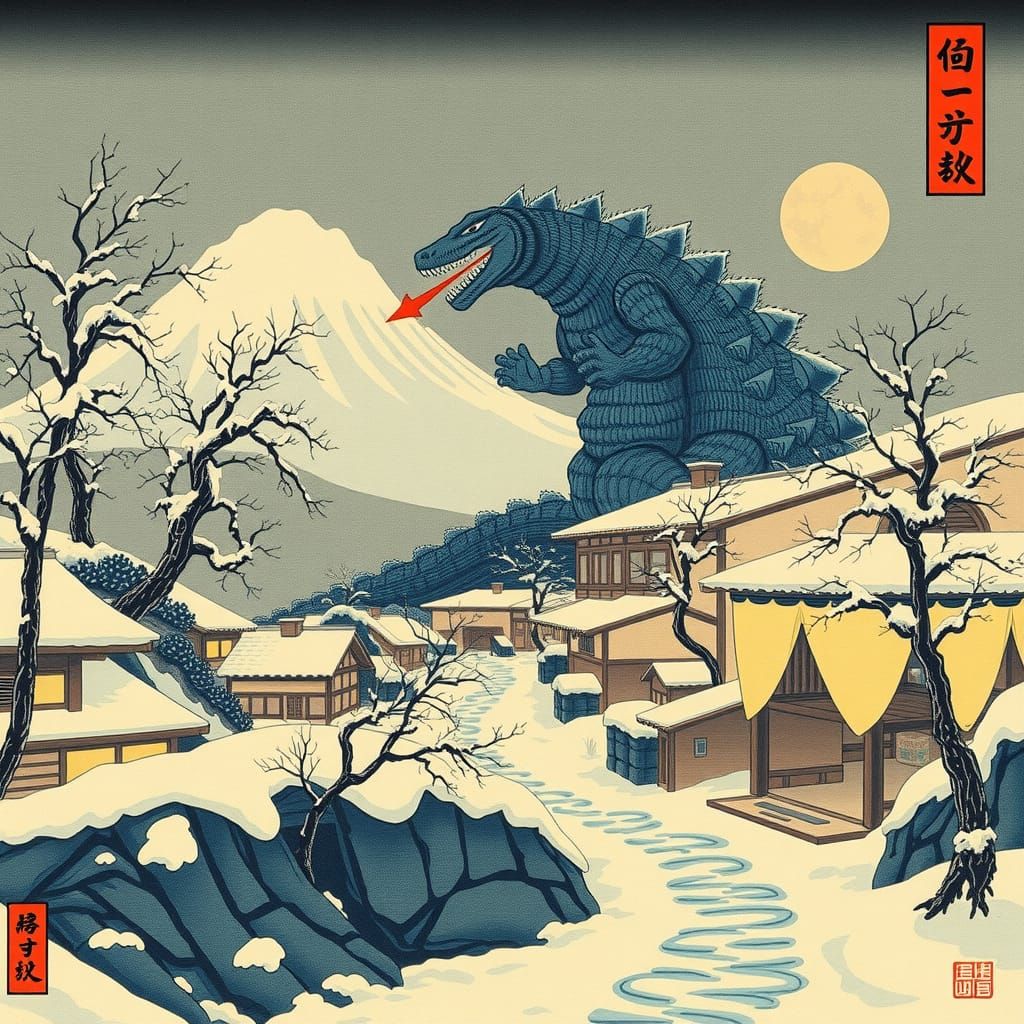 Godzilla Attacks Japanese Village: Shin Hanga Art