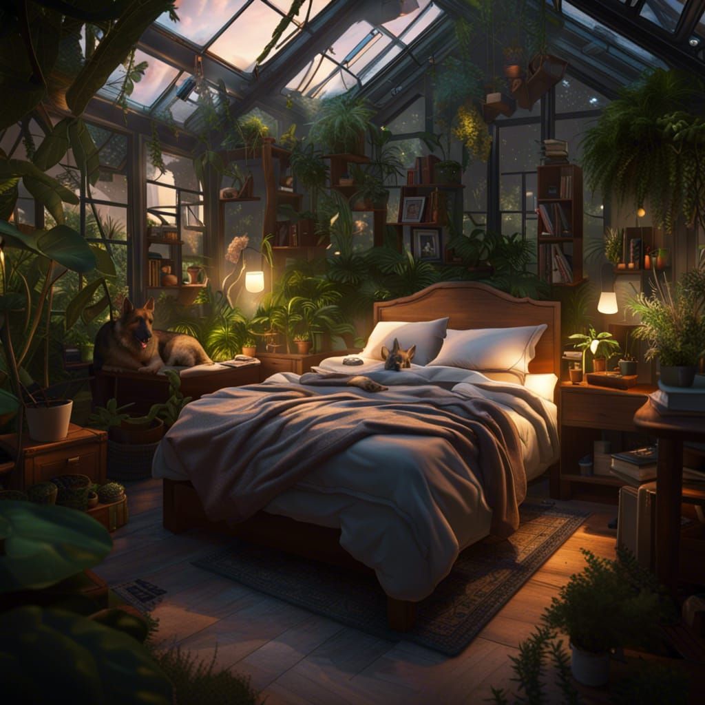 Greenhouse Bedroom with Plants and German Shepherds