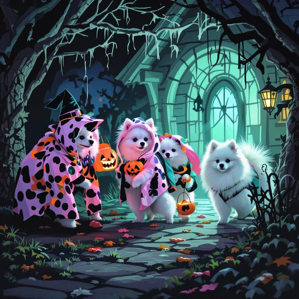 Pomeranians in Halloween Costumes Trick or Treat at Haunted ...