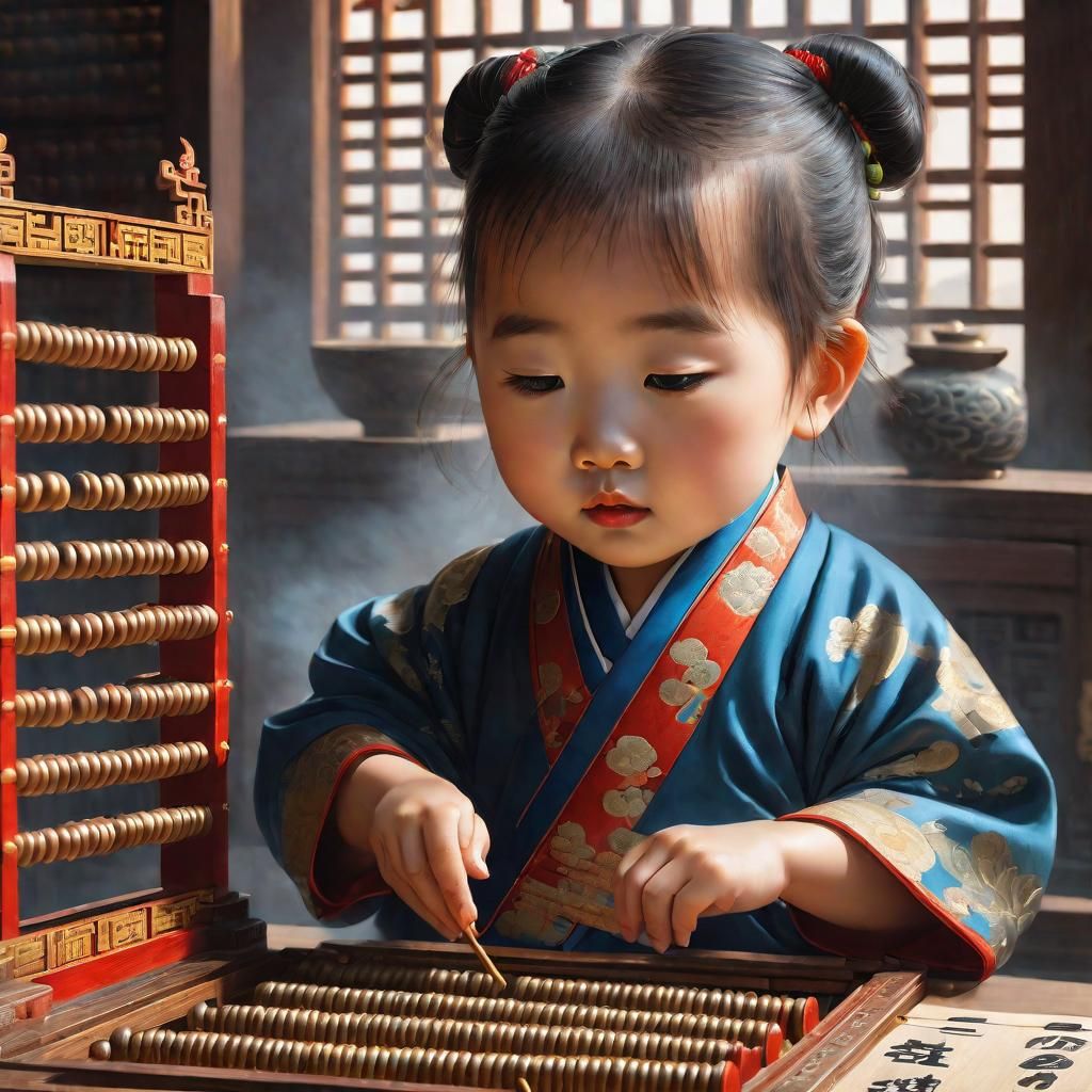 Toddler with Abacus in Ancient China, Ornate Portrait